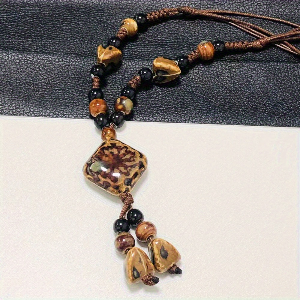Tribal Long Necklace with Square Ceramic Beads on Synthetic Rope